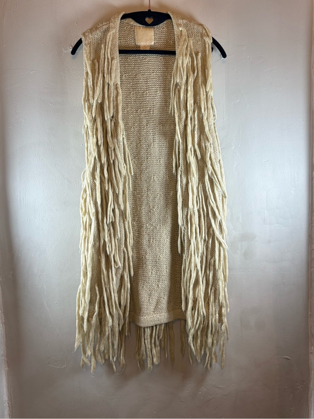 Ivory Shaggy Fringe Knit Long Vest – Boho Duster Sweater Vest, One Size